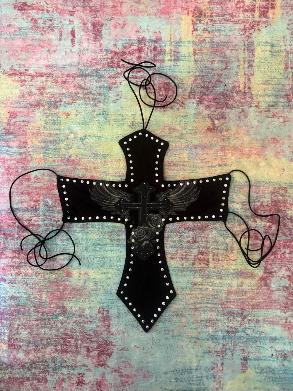 Fashion Nova Black Cross  top with Silver Studs and Winged Rose Detail